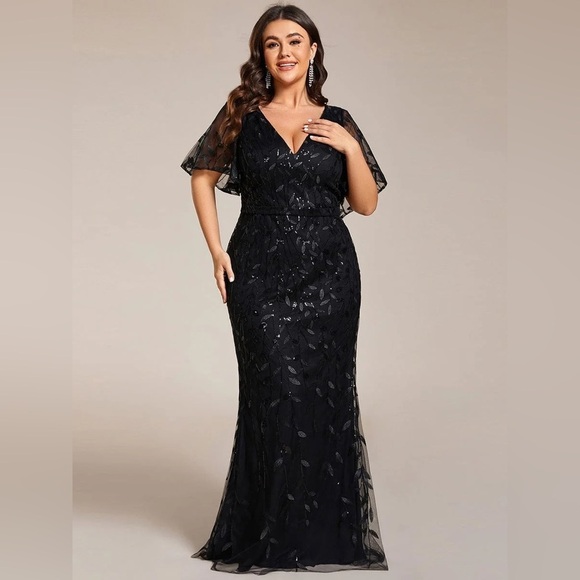 None Dresses & Skirts - 🆕 Fashion Plus Size V Neck Mermaid Sequin & Tulle Evening Dress